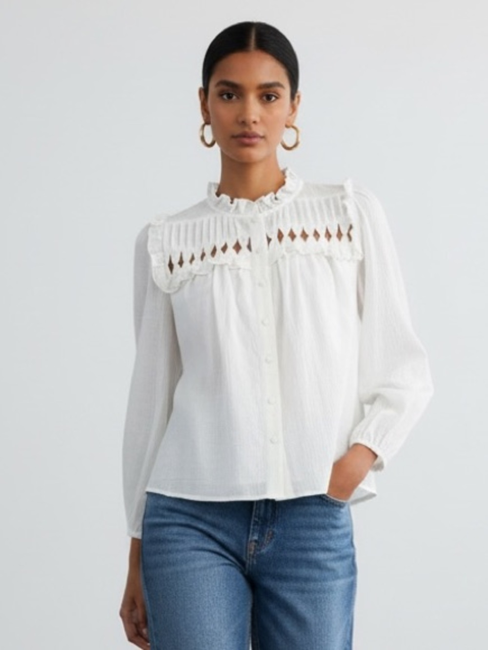 Women's White Ruffled Yoke Button-Front Blouse - Picture 10 of 10